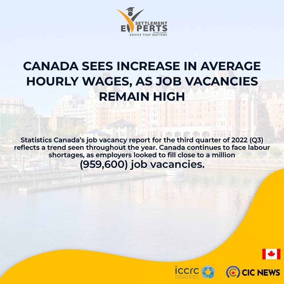 Canada increases the average hourly wages for the third quarter of 2022 ahead of labour shortage. They need 959,600 job vacancies are too be filled from across the world