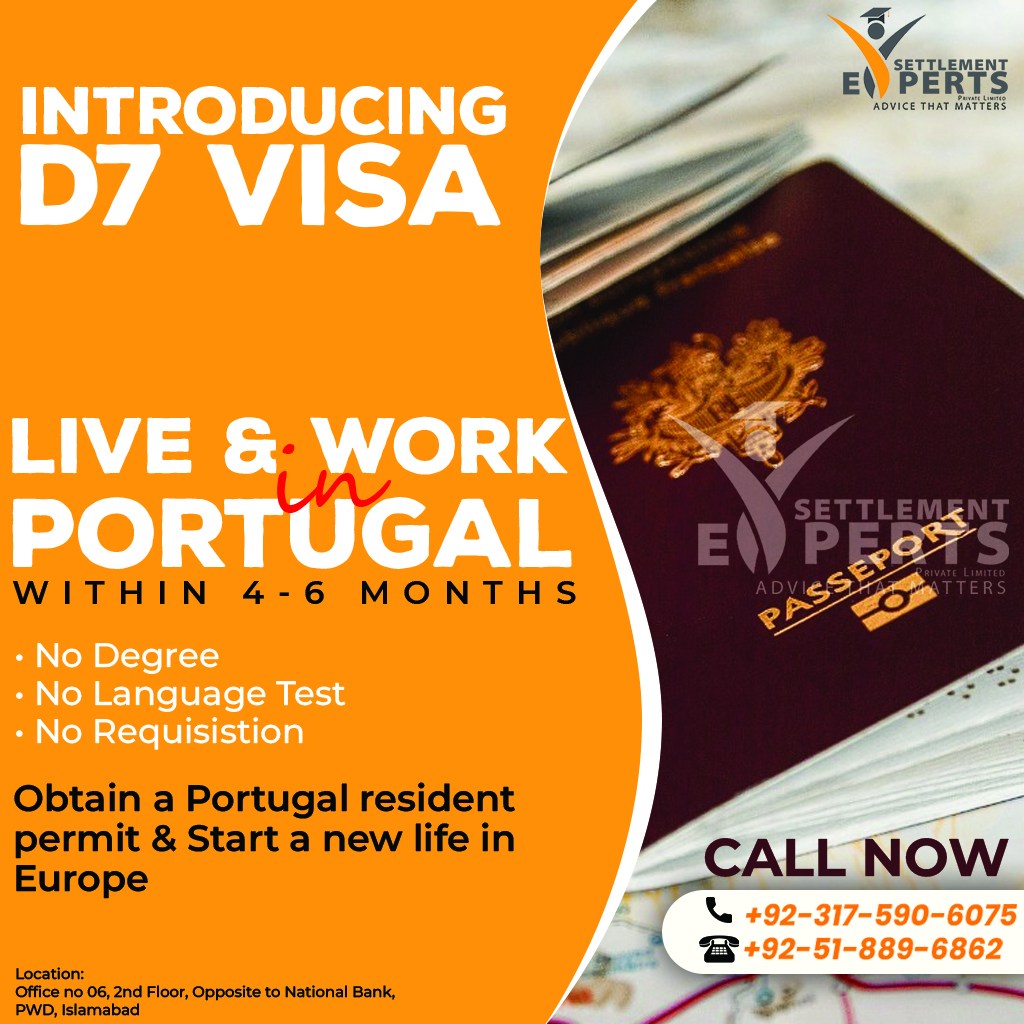Settlement experts now provide visa & immigration consultancy for D7 visa Portugal- Now work in portugal without any degree, language test or requisistion. Contact us to get your D7 visa, & resident permit